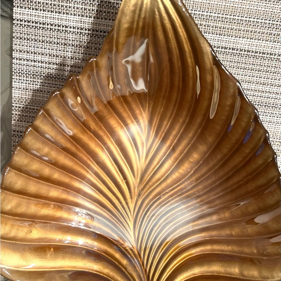 Vintage Gold Glass leaf Serving Dish/ Fall Decor/Fruit bowl/Center Piece. 13.5" - Picture 2 of 7